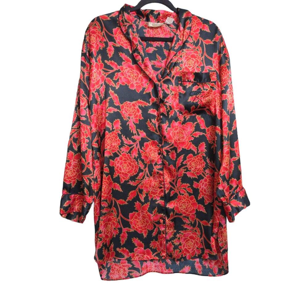 Victorias Secret Womens Sleepshirt Red Black Floral Pocket Collared Satin M